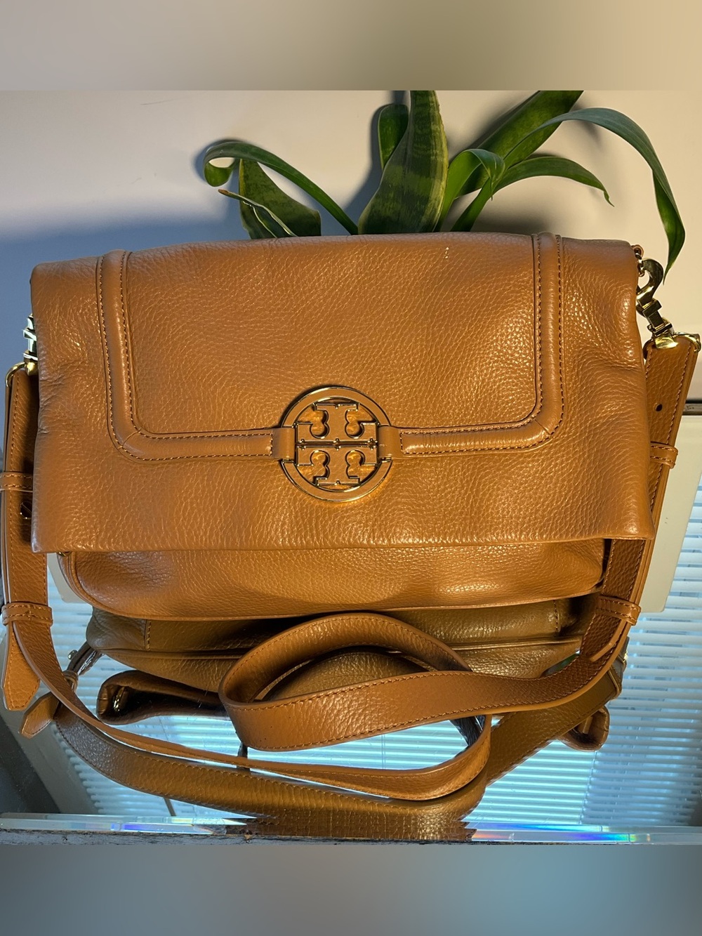 Tory Burch Camel Tan Pebbled Leather Crossbody with Gold Logo